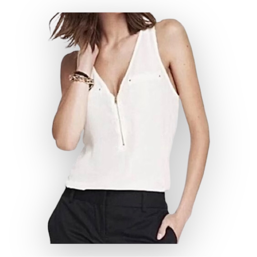 NWT Express V-neck Dressy Tank Ivory Zipper Front, Gold Accents Tank *S/P*